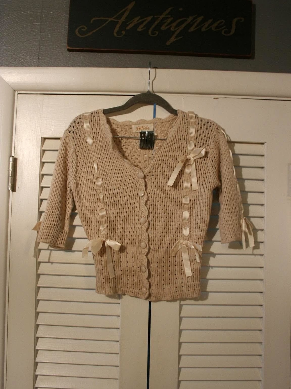 Listicle Cream Ribbon-Trim Open Knit Cardigan
